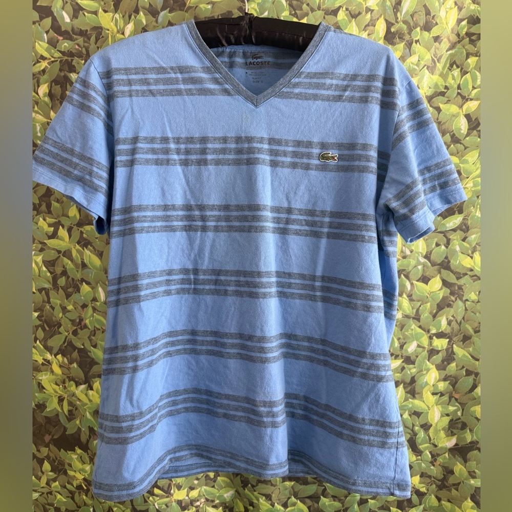 Lacoste Men's Light Blue and Gray Striped Tee